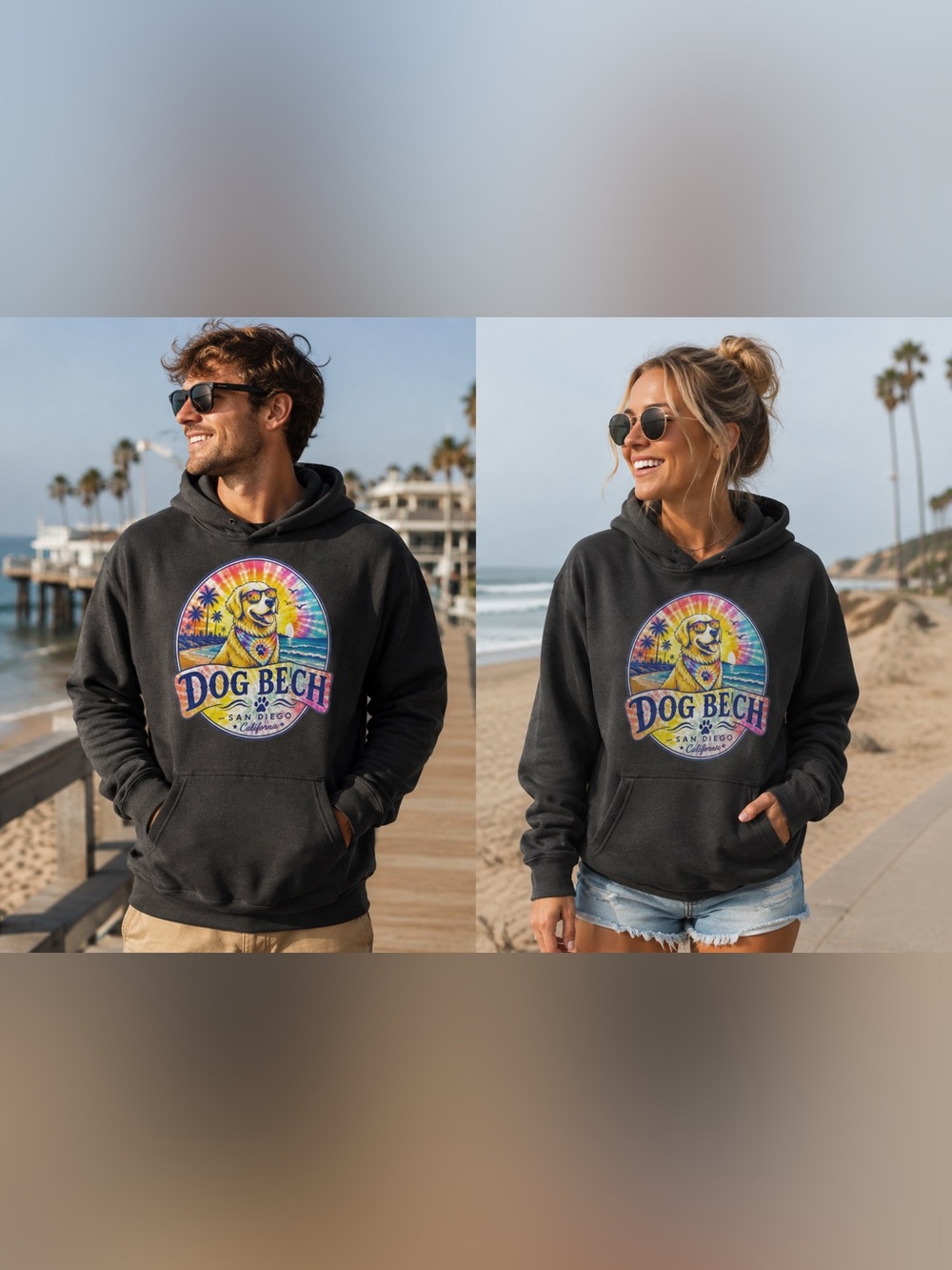 Black Hoodie with Colorful Dog Beach Graphic tie-Dye